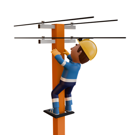 Electricista de pie sobre un poste eléctrico  3D Illustration