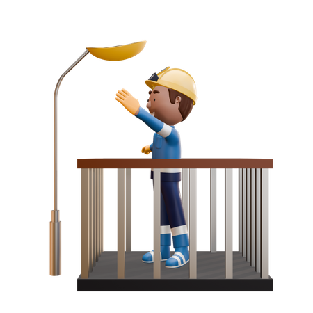 Electricista de pie y ajuste de lámpara  3D Illustration