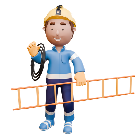 Electricista sosteniendo una escalera y cableado  3D Illustration