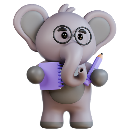 Elefant bringt Zettel und Bleistift  3D Illustration