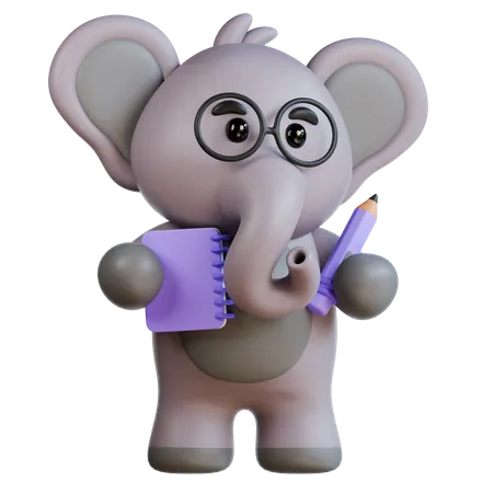 Elefant bringt Zettel und Bleistift  3D Illustration