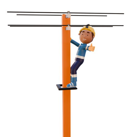 Eletricista mostrando o polegar para cima em um poste elétrico  3D Icon