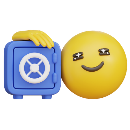 Emoticon com uma expressão feliz ao lado de um cofre  3D Icon