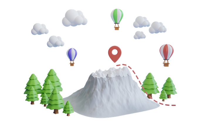 Emplacement de camping au sommet d'une montagne enneigée  3D Illustration