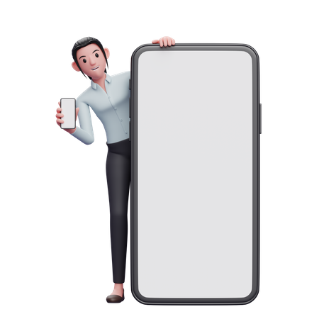 Empleada con teléfono en mano parada detrás de una gran pantalla móvil  3D Illustration