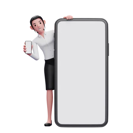 Una Mujer De Negocios Aparece Detras De Un Telefono Grande Y Sostiene Un Telefono Que Muestra La Pantalla 3D Illustration
