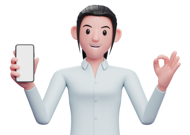 Empleada sosteniendo un teléfono celular mientras muestra un gesto de aprobación  3D Icon