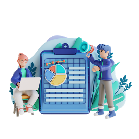 Empleada y joven haciendo informe de marketing  3D Icon