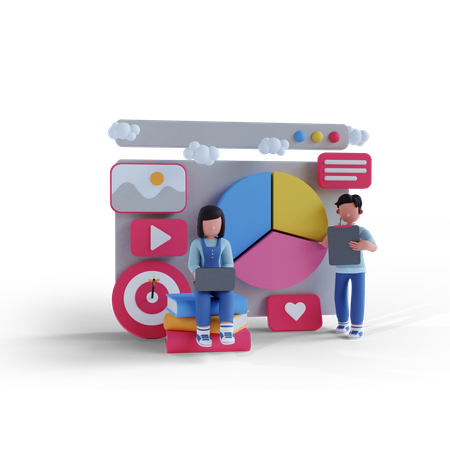 Empleado que presenta análisis de marketing.  3D Icon