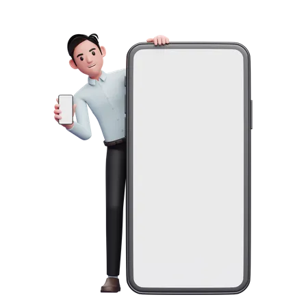 Employé masculin avec téléphone à la main, debout derrière un grand écran mobile  3D Illustration