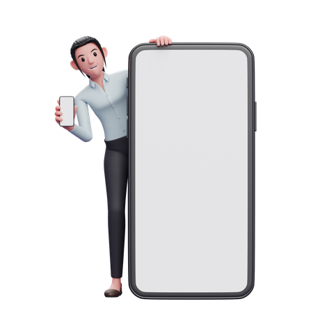 Employée avec téléphone à la main, debout derrière un grand écran mobile  3D Illustration