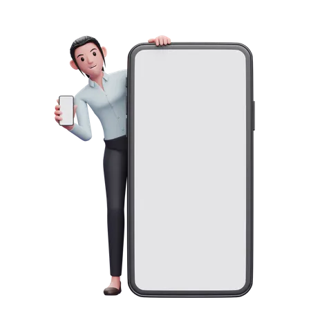 Employée avec téléphone à la main, debout derrière un grand écran mobile  3D Illustration