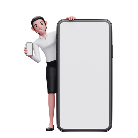 Employée avec téléphone à la main, debout derrière un grand écran mobile  3D Illustration