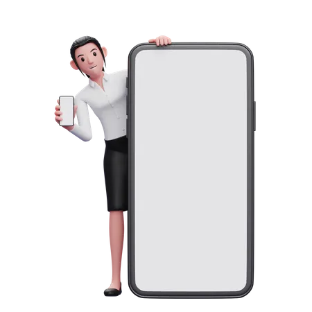 Employée avec téléphone à la main, debout derrière un grand écran mobile  3D Illustration