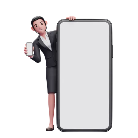 Employée avec téléphone à la main, debout derrière un grand écran mobile  3D Illustration