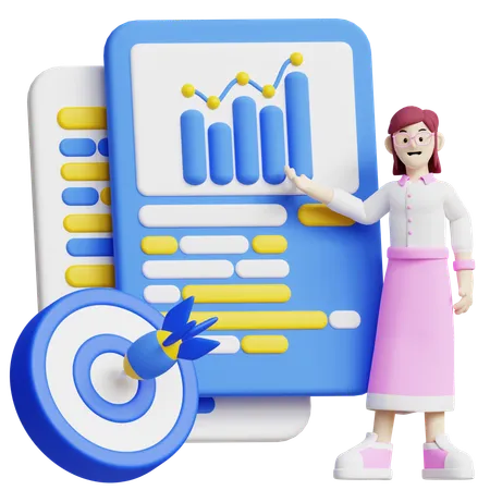 This 3 D Icon Shows A Business Target Report With A Person Presenting Data Charts And A Target Symbol Perfect For Illustrating Business Goals Data Analysis And Performance Metrics 3D Illustration