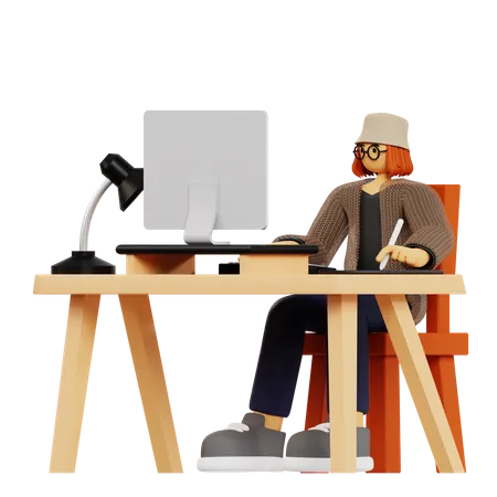 Emplyee faisant un travail de designer au bureau  3D Illustration