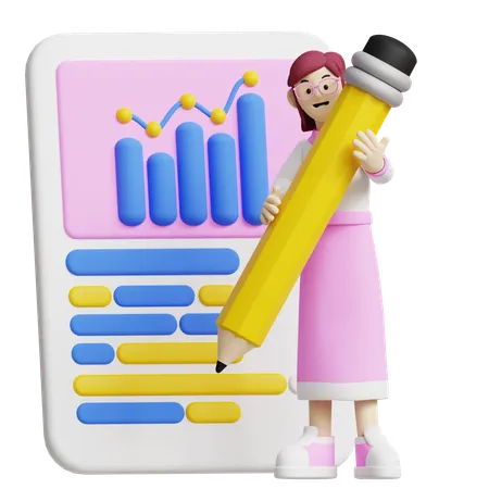 이 3 D 아이콘은 큰 연필을 들고 있는 사람과 차트와 그래프가 포함된 보고서를 들고 있는 비즈니스 보고서 분석을 묘사합니다 데이터 검토 보고서 작성 및 비즈니스 분석을 설명하는 데 이상적입니다 3D Illustration