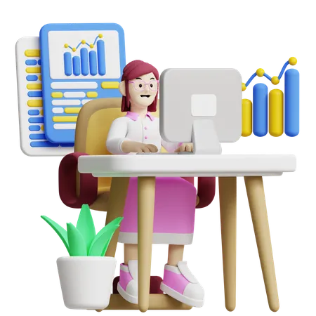 This 3 D Icon Depicts A Woman Working At A Desk With Charts And Graphs In The Background Ideal For Illustrating Data Analysis Business Strategy And A Productive Work Environment 3D Illustration