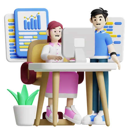 This 3 D Icon Depicts A Business Workspace With A Person Working At A Desk Surrounded By Charts And Graphs Its Perfect For Illustrating Office Environments Data Analysis And Business Productivity 3D Illustration