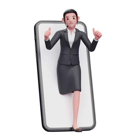 Empresária aparece de dentro da tela do telefone enquanto faz sinal de positivo  3D Illustration