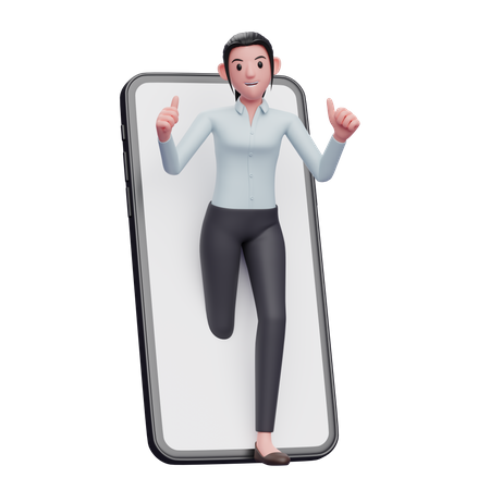 La empresaria aparece desde el interior de la pantalla del teléfono mientras levanta el pulgar.  3D Illustration