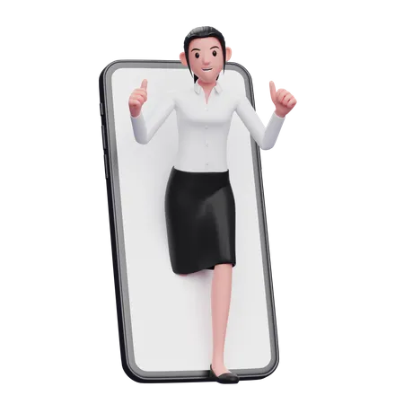 Una Chica Inteligente Aparece Desde El Interior De La Pantalla Del Telefono Mientras Levanta El Pulgar Ilustracion De Personaje De Representacion 3 D 3D Illustration