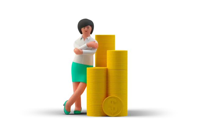 Mulher de negócios com braços cruzados ao lado da pilha de moedas de dólar  3D Illustration