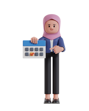 Empresária com hijab apontando para o prazo final no calendário  3D Illustration