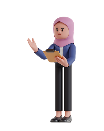 Empresária com hijab apresentando enquanto segura a área de transferência  3D Illustration