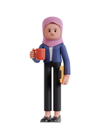 Mulher de negócios com hijab em pé segurando uma xícara de café e uma prancheta  3D Illustration