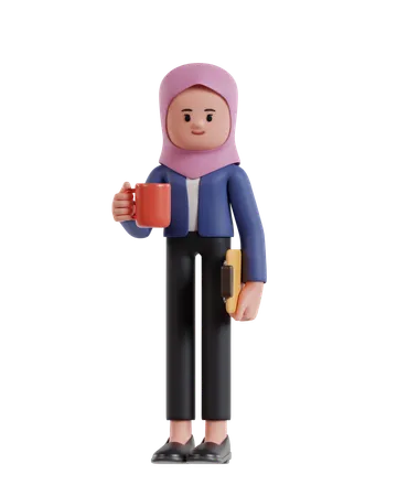 Mulher de negócios com hijab em pé segurando uma xícara de café e uma prancheta  3D Illustration