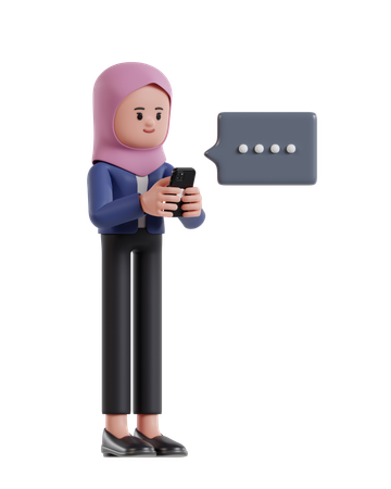 Mulher de negócios com hijab digitando mensagem no celular  3D Illustration