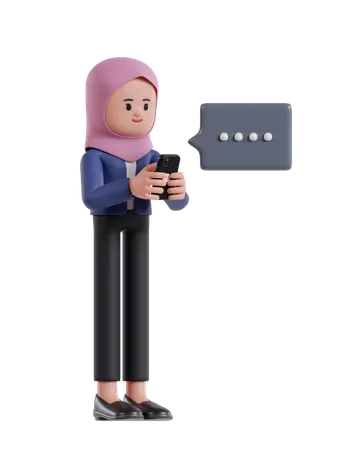 Mulher de negócios com hijab digitando mensagem no celular  3D Illustration