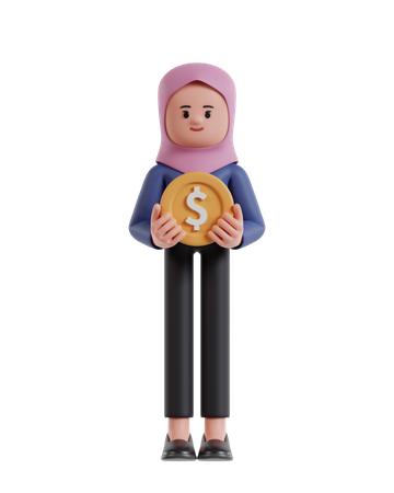 Empresária com empresária hijab carregando moedas de dólar  3D Illustration