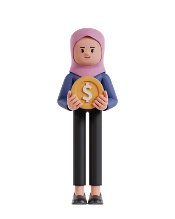 Empresária com empresária hijab carregando moedas de dólar  3D Illustration