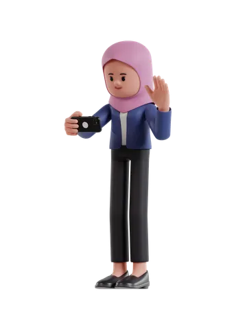 Empresária com hijab fazendo uma videochamada com um smartphone  3D Illustration