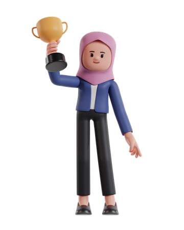 Empresária com hijab levanta troféu com a mão direita  3D Illustration