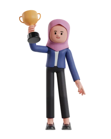 Empresária com hijab levanta troféu com a mão direita  3D Illustration