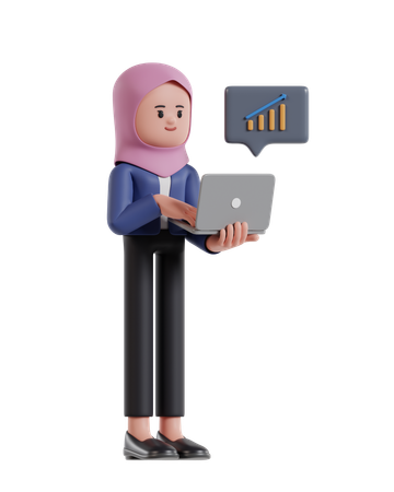 Empresária com hijab monitorando estatísticas de crescimento na tela do laptop  3D Illustration