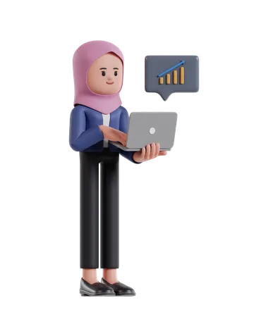 Empresária com hijab monitorando estatísticas de crescimento na tela do laptop  3D Illustration