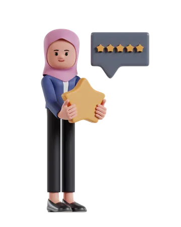 Mulher de negócios com hijab recebeu e ganhou uma classificação de cinco estrelas  3D Illustration