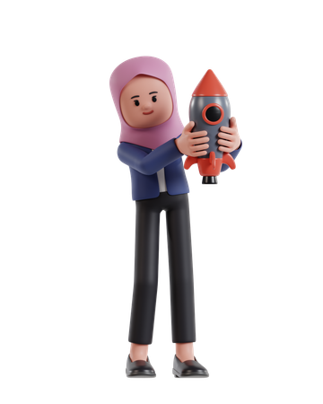 Empresária com hijab segurando foguete para abertura de negócios  3D Illustration