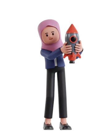 Empresária com hijab segurando foguete para abertura de negócios  3D Illustration