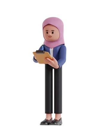 Mulher de negócios com hijab segurando a prancheta e escrevendo com lápis  3D Illustration