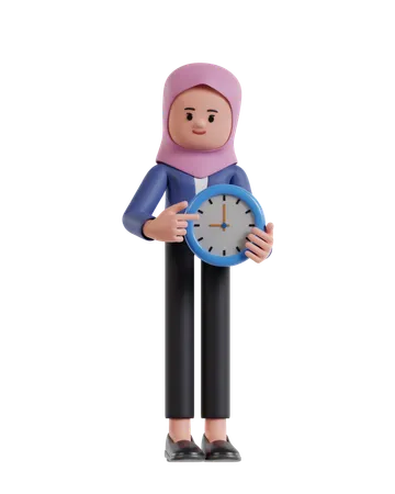 Mulher de negócios com hijab segurando relógio  3D Illustration