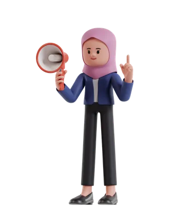 Mulher de negócios com hijab segurando um megafone enquanto levanta um dedo  3D Illustration