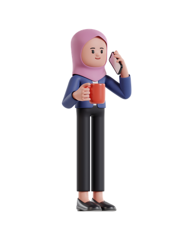Empresária com hijab segurando uma xícara de café e falando no celular  3D Illustration