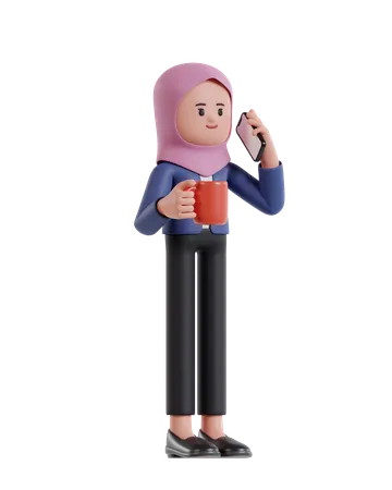 Empresária com hijab segurando uma xícara de café e falando no celular  3D Illustration