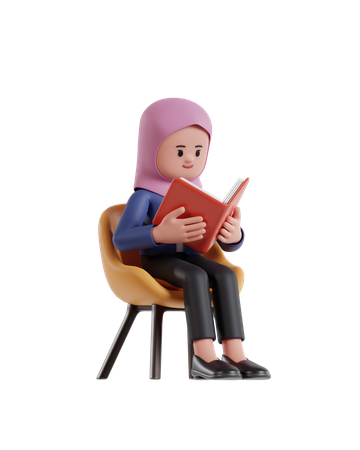 Mulher de negócios com hijab sentada em uma cadeira e lendo um livro  3D Illustration